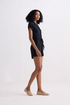 V neck Drawstring Knit Romper in Black Side