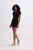 V neck Drawstring Knit Romper in Black Side