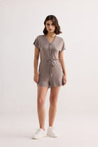 V neck Drawstring Knit Romper in Dusty brown Front