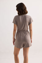 V neck Drawstring Knit Romper in Dusty brown Back