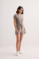 V neck Drawstring Knit Romper in Dusty brown Side