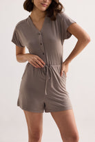 V neck Drawstring Knit Romper in Dusty brown Closeup