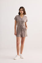 V neck Drawstring Knit Romper in Dusty brown Front