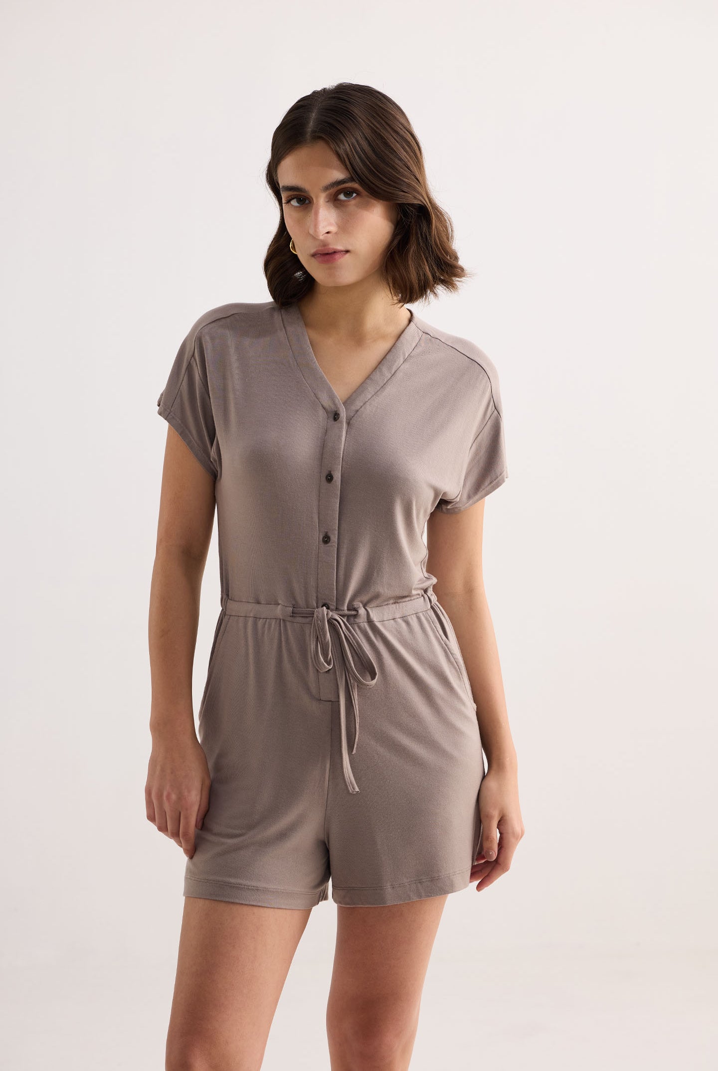 V neck Drawstring Knit Romper in Dusty brown Moodshot