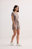 V neck Drawstring Knit Romper in Dusty brown Side