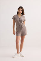 V neck Drawstring Knit Romper in Dusty brown Front