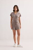 V neck Drawstring Knit Romper in Dusty brown Front