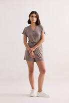 V neck Drawstring Knit Romper in Dusty brown Moodshot