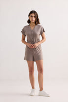 V neck Drawstring Knit Romper in Dusty brown Front