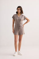 V neck Drawstring Knit Romper in Dusty brown Moodshot