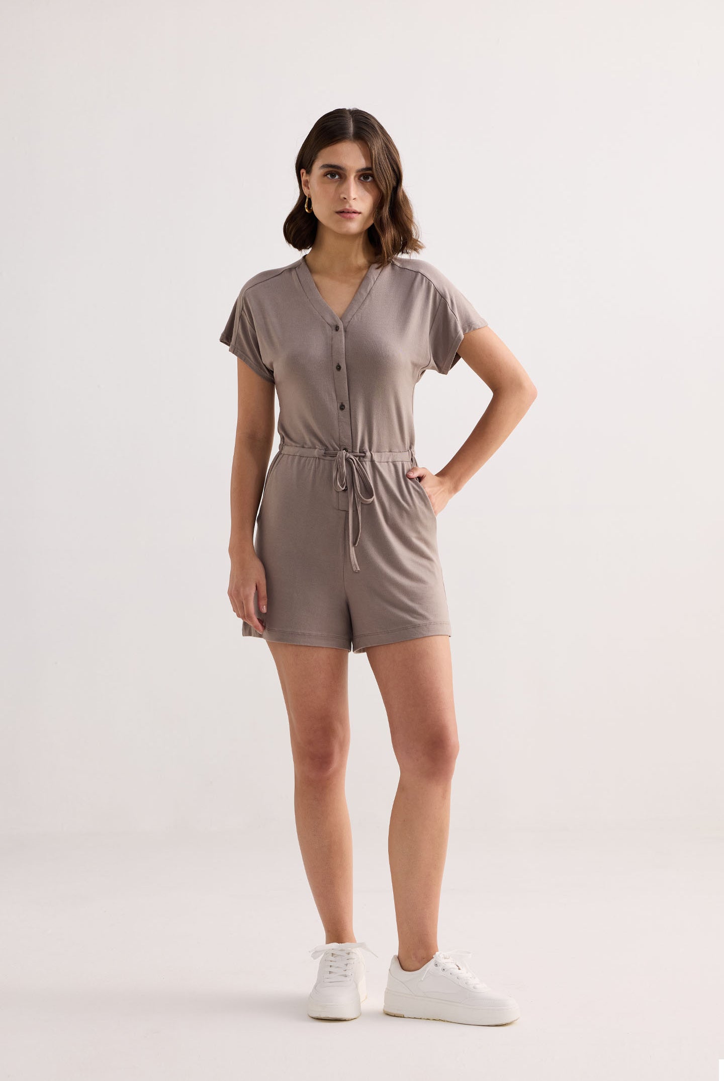 V neck Drawstring Knit Romper in Dusty brown Front