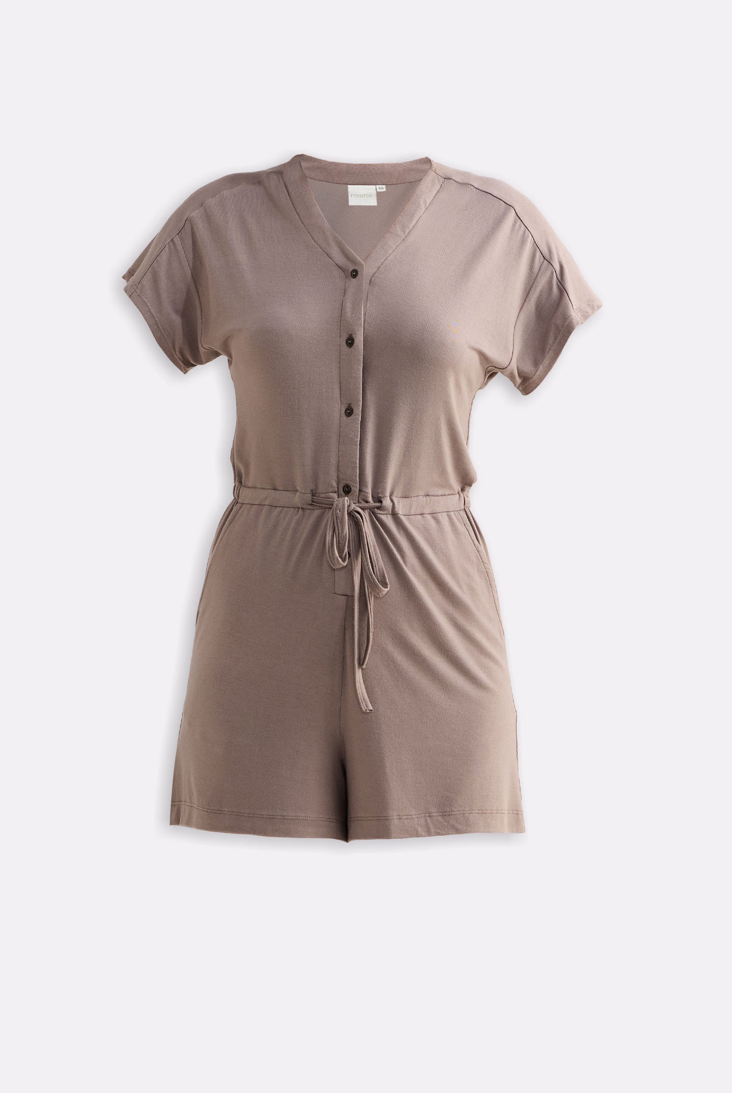 V neck Drawstring Knit Romper in Dusty brown Flat Lay