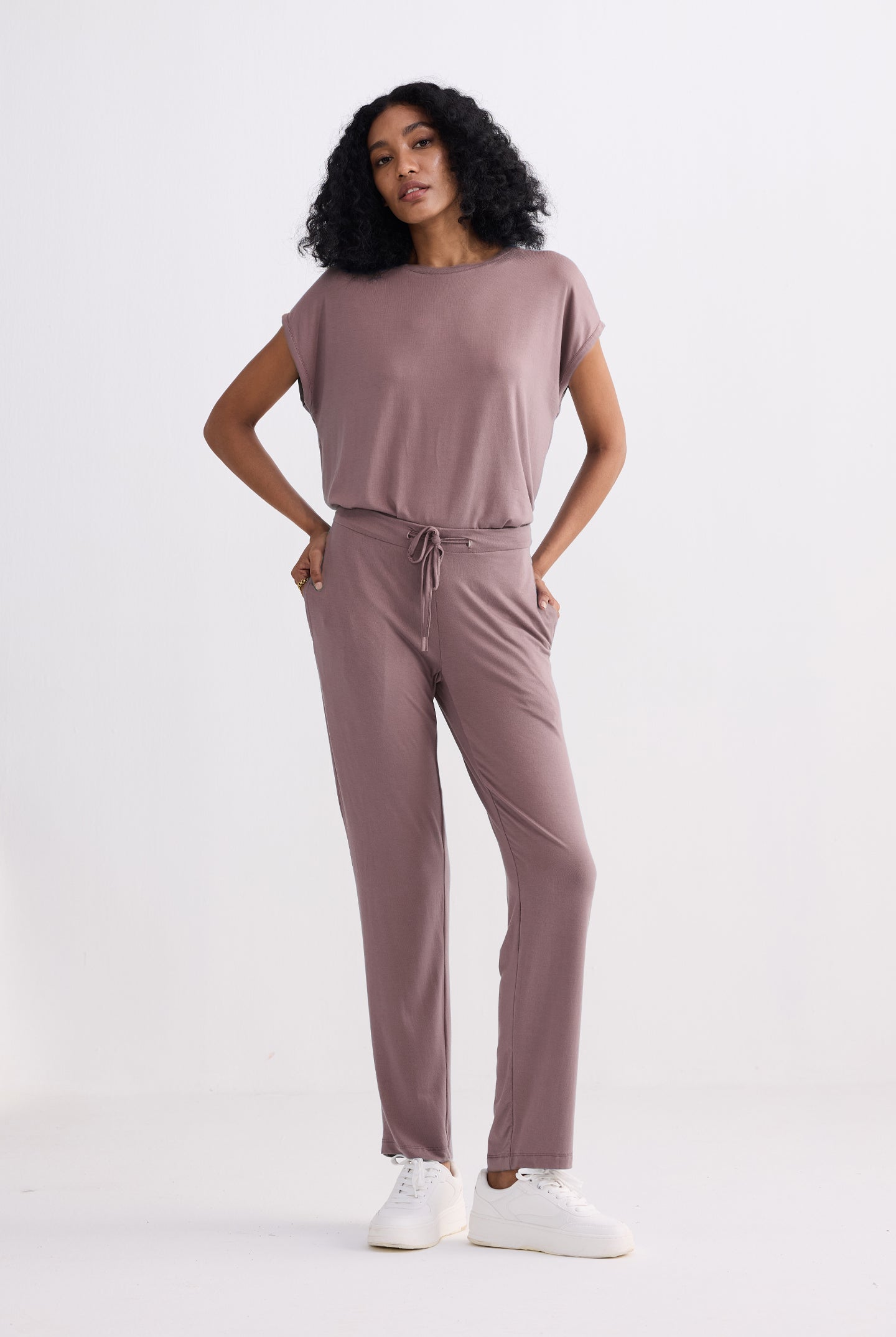 Dusty rose wide leg pants full outfit
