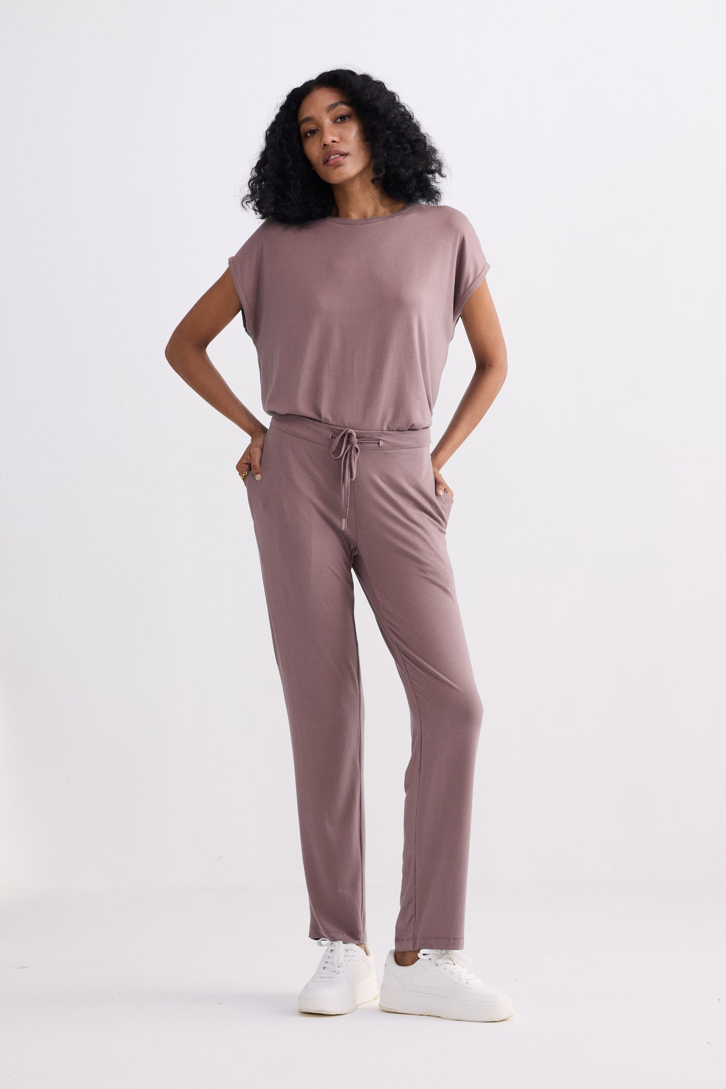 Dusty rose wide leg pants full outfit