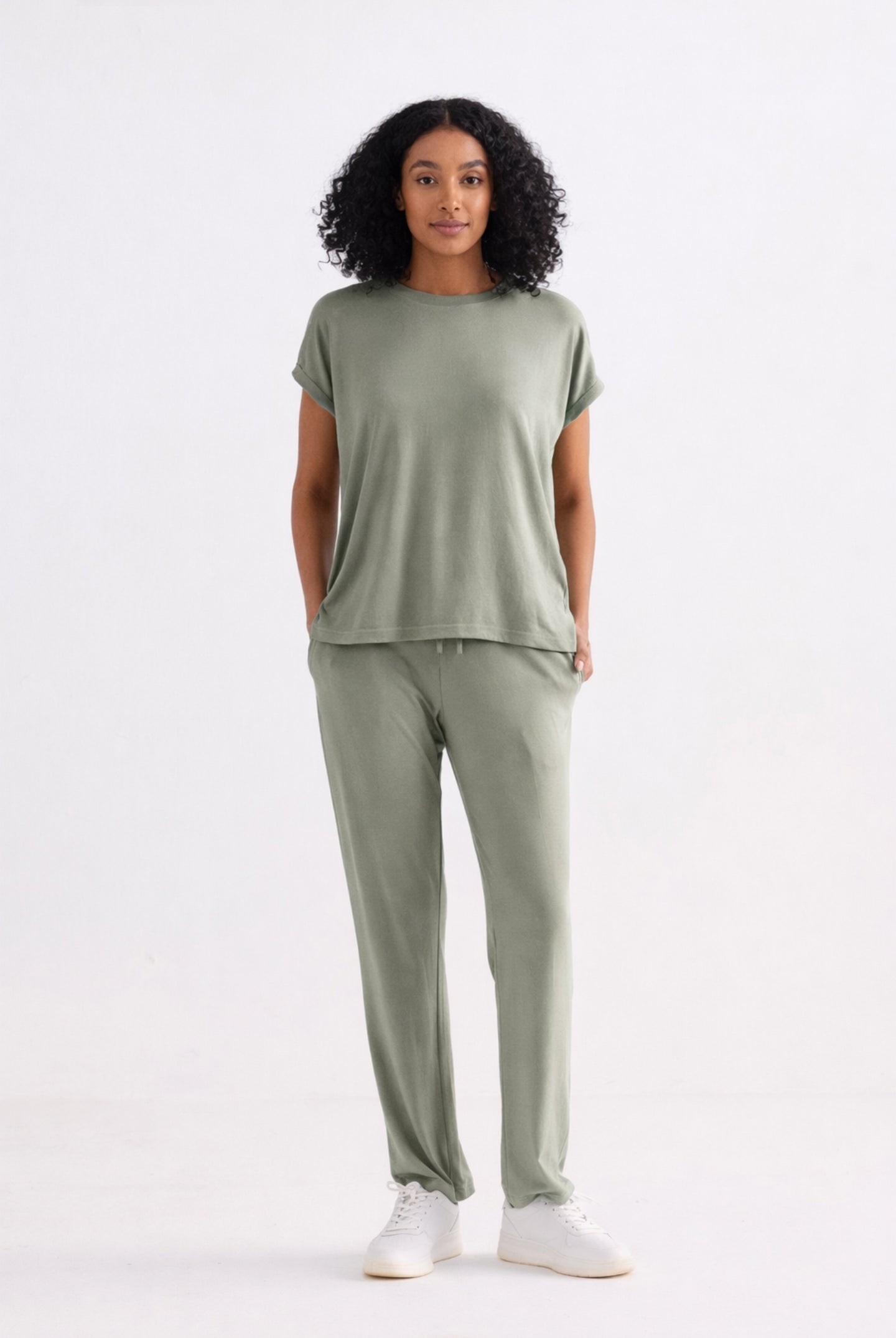Comfortable light olive wide leg pants for travel and lounging