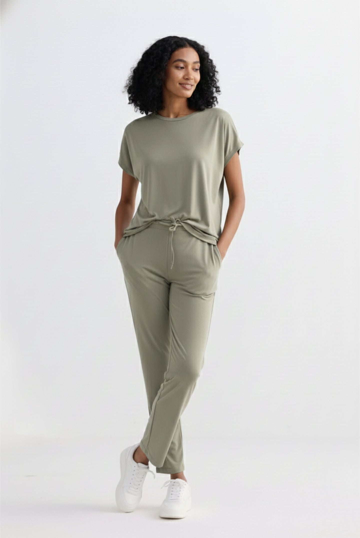 Light olive wide-leg pants for women