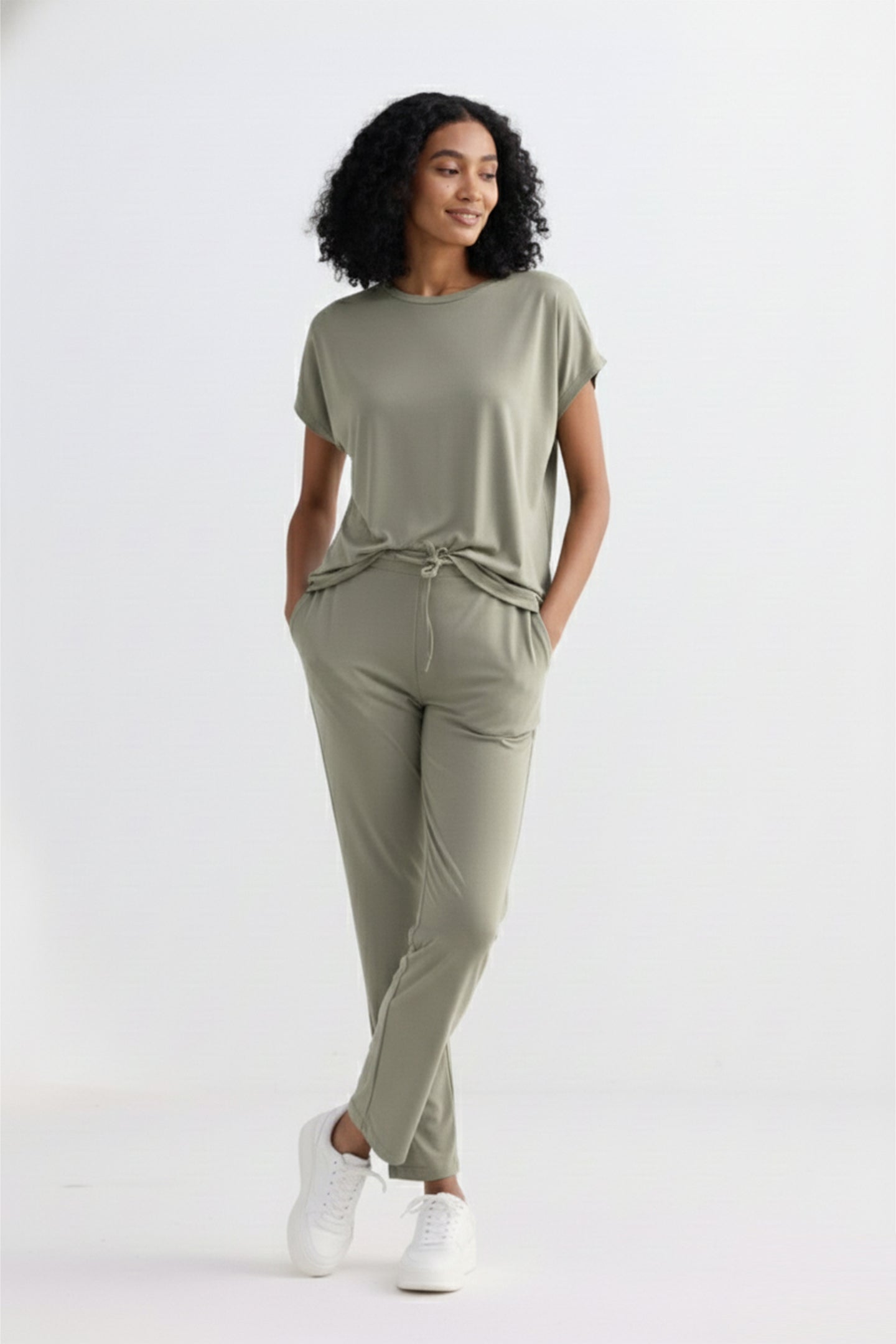 Light olive wide-leg pants for women