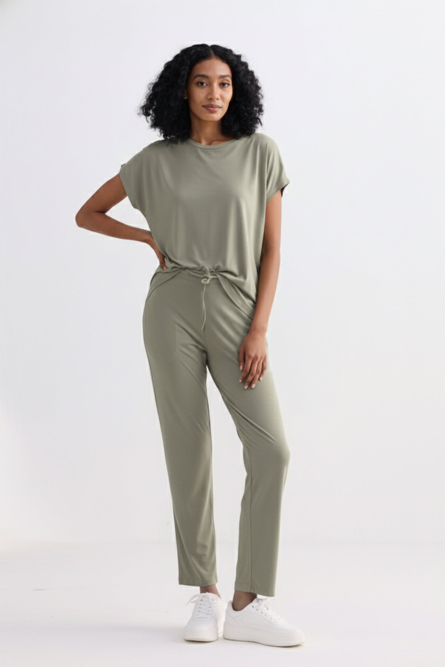 Women’s light olive wide leg pants full outfit view