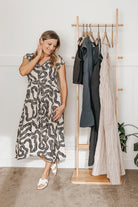Deep V-neck Gathered Dress in Black Stripes 14