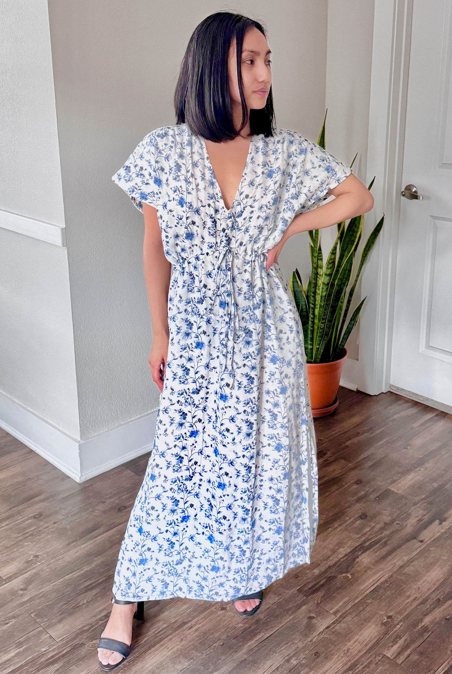 Gathered Maxi Dress in Blue Florals
