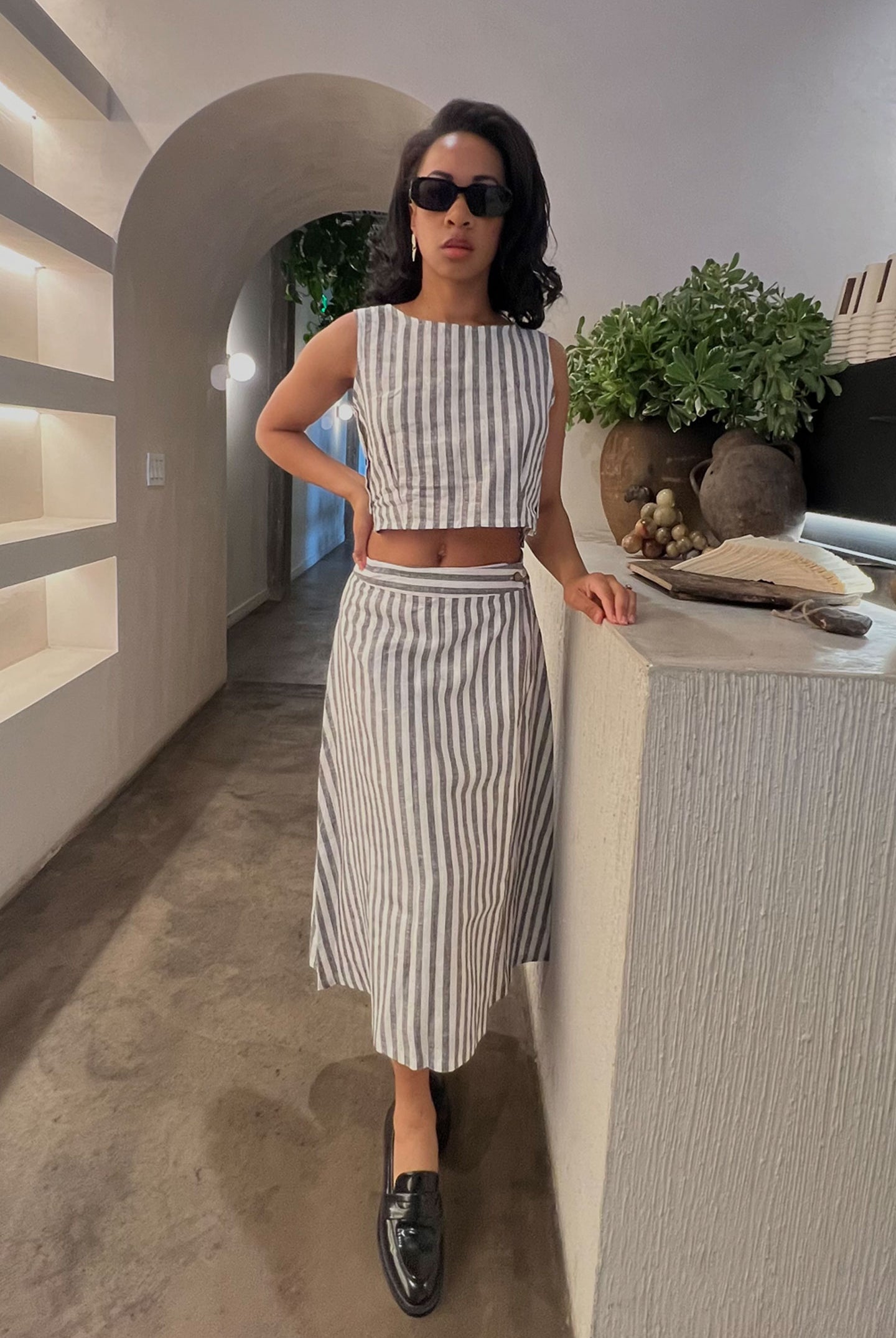 Overlap Midi Skirt in Linen Stripes