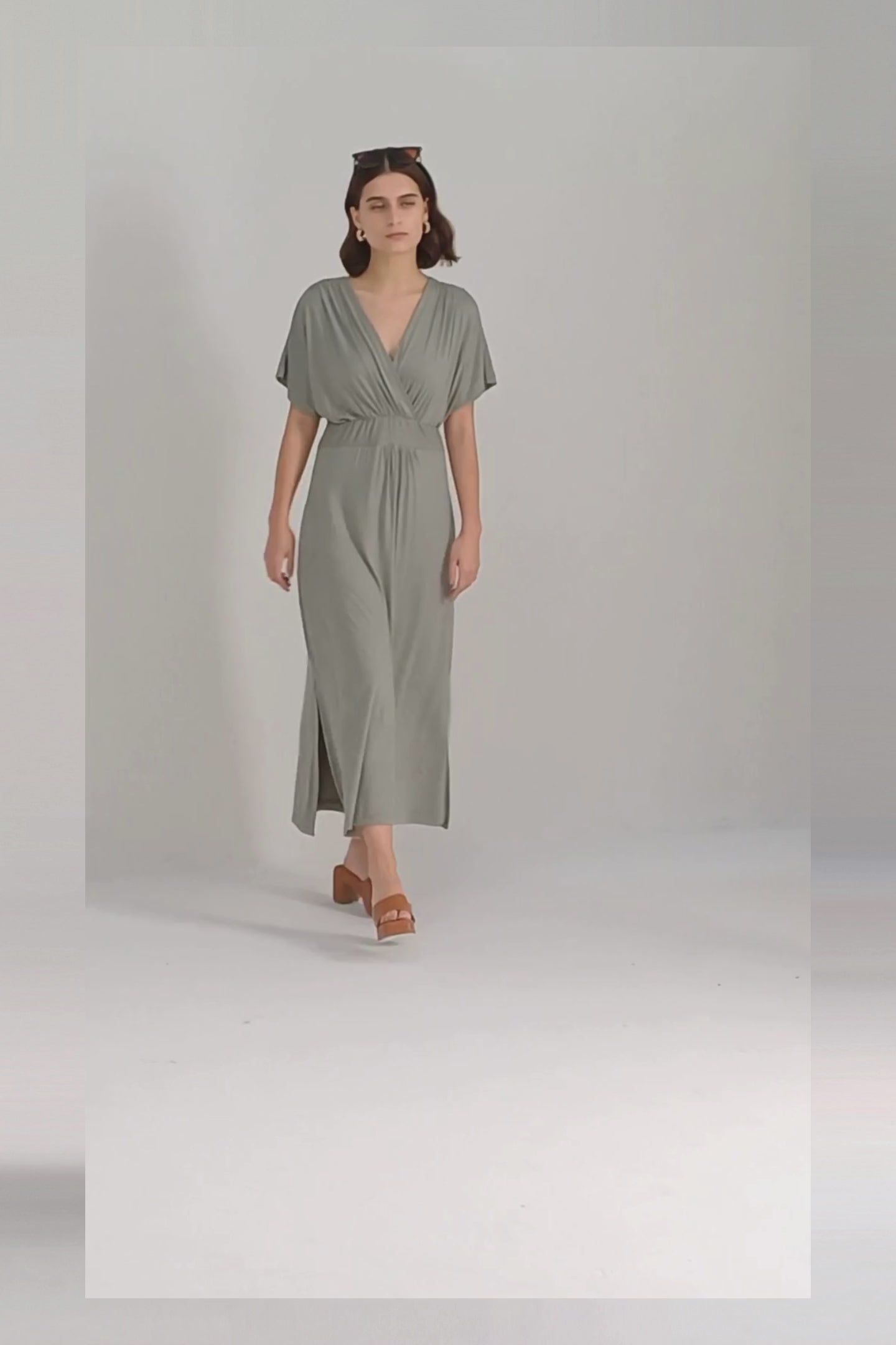 Flowy A-Line Maxi Dress with Side Slits in Light Olive Moodshot Video