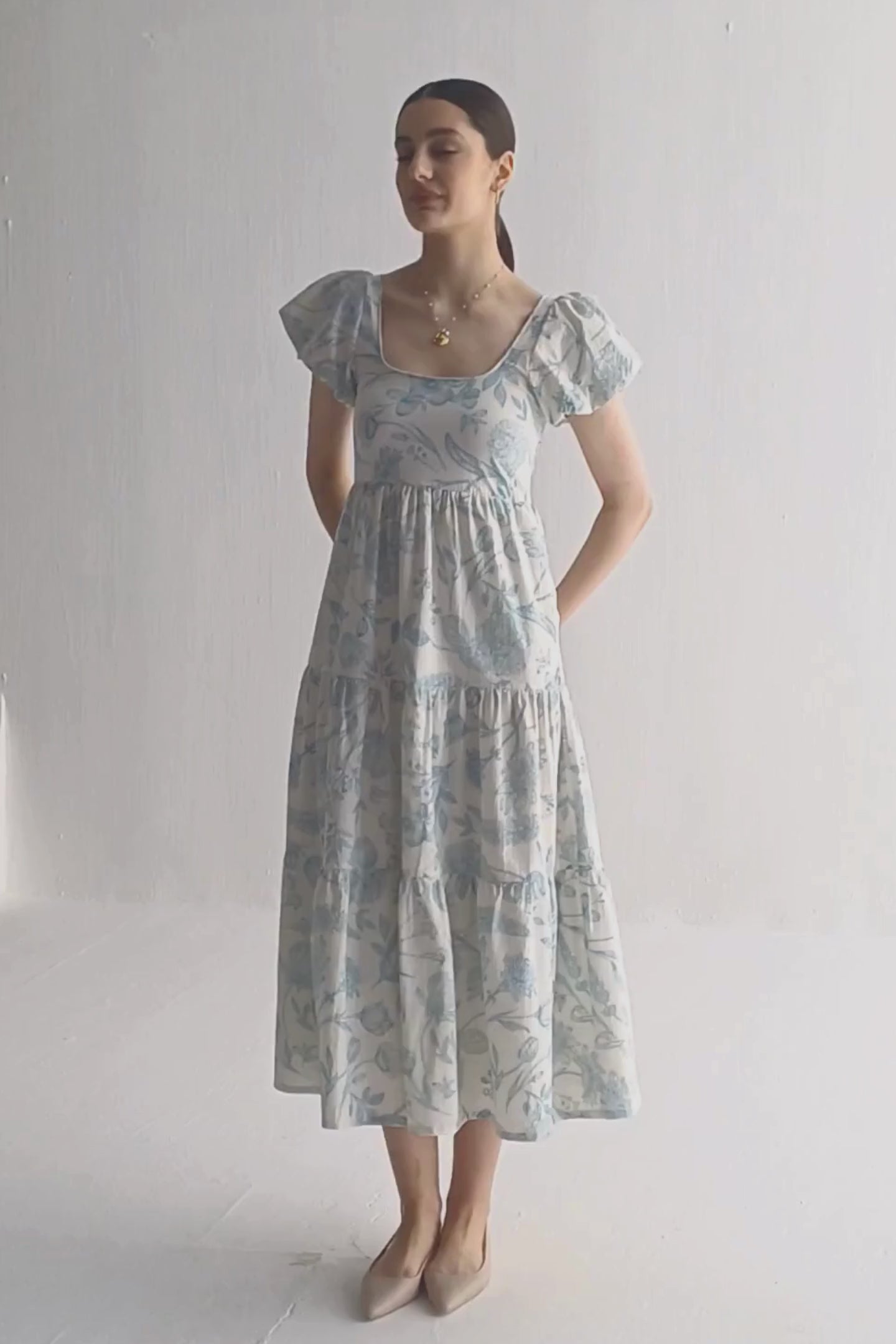 Puff Sleeve Tiered Maxi Dress in Blue Florals Moodshot Video