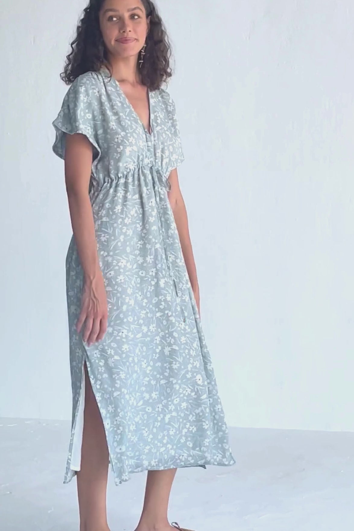 Gathered Maxi Dress in Light Blue Florals Moodshot Video