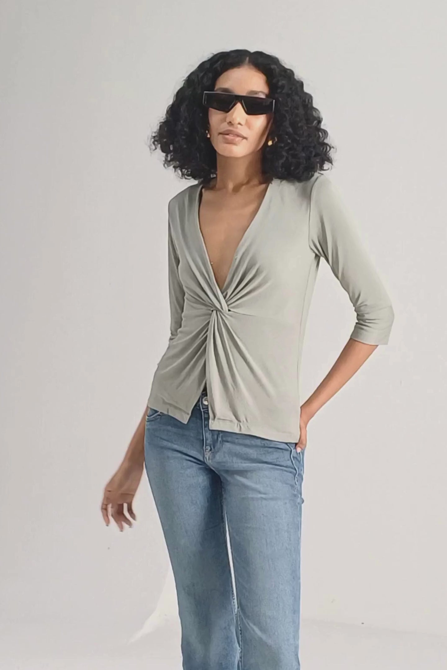 Twist Front Knit Shirt in Light Olive Moodshot Video