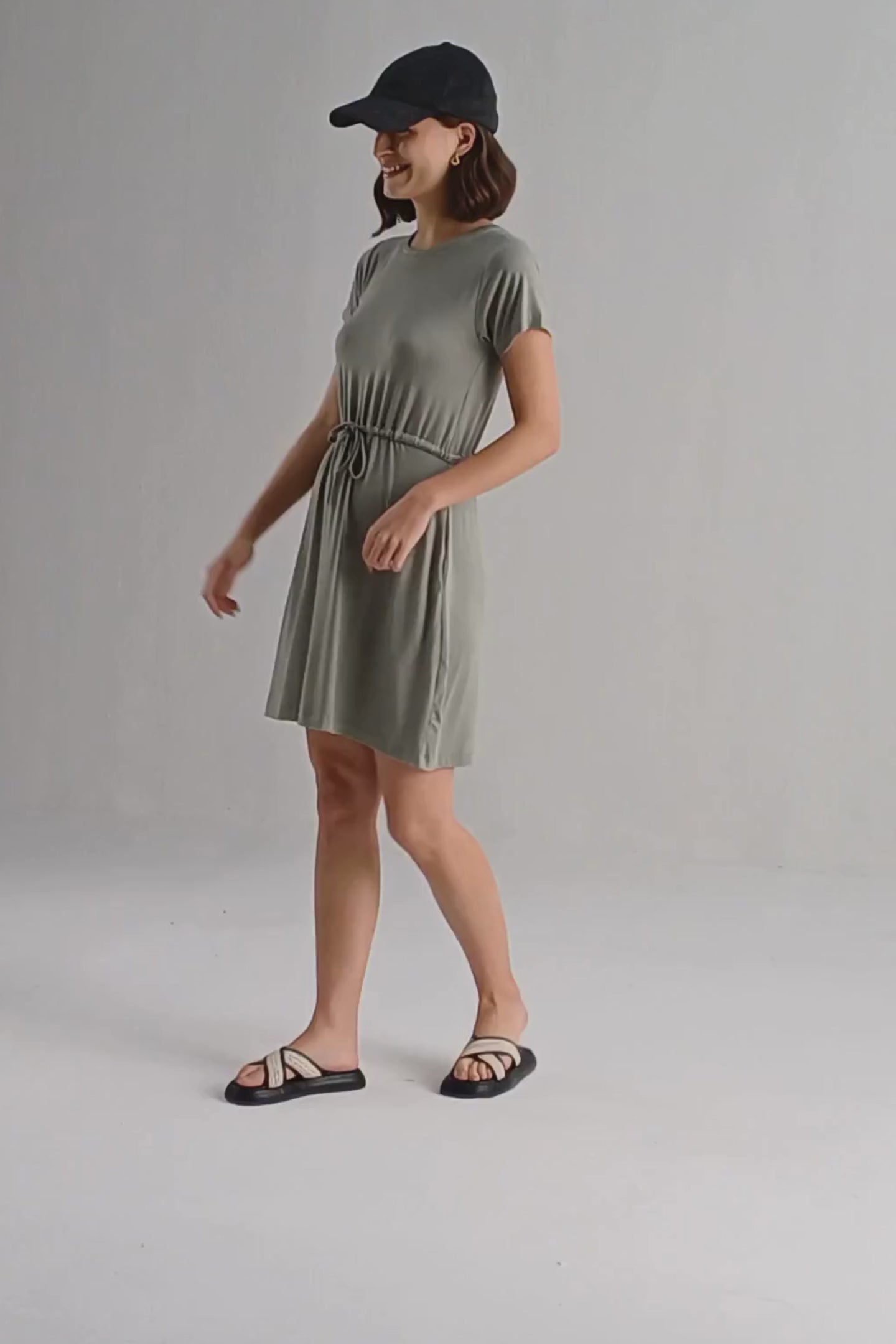 Drawstring Short T-shirt Dress in Light Olive Moodshot Video