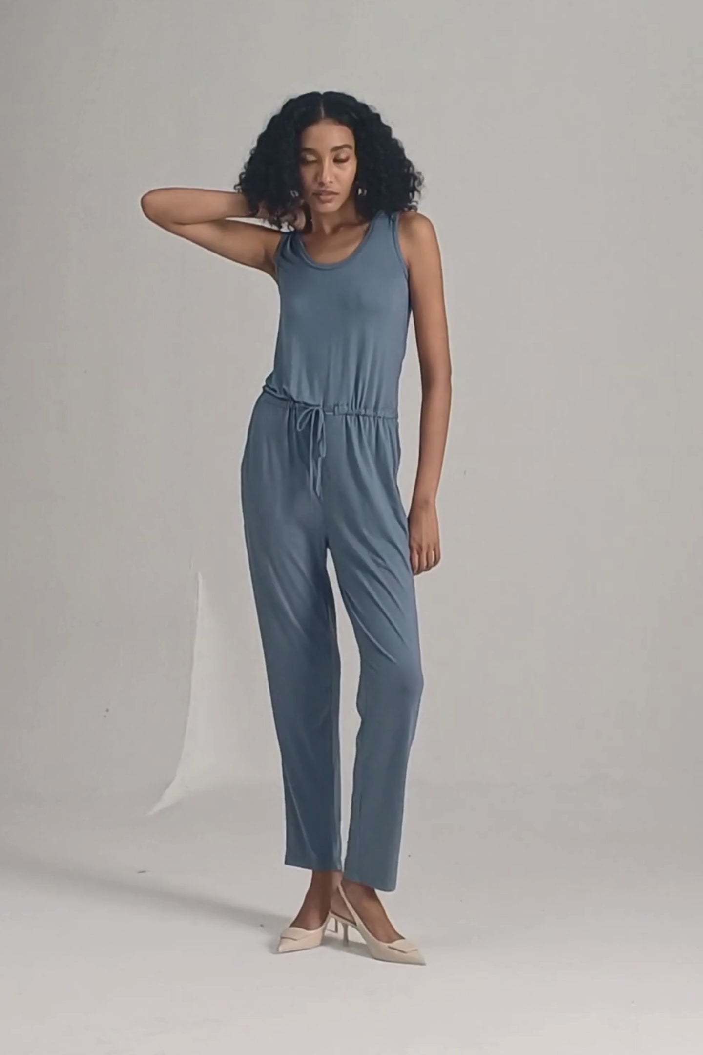 Relaxed Drawstring Jumpsuit in Blue-16 Moodshot Video