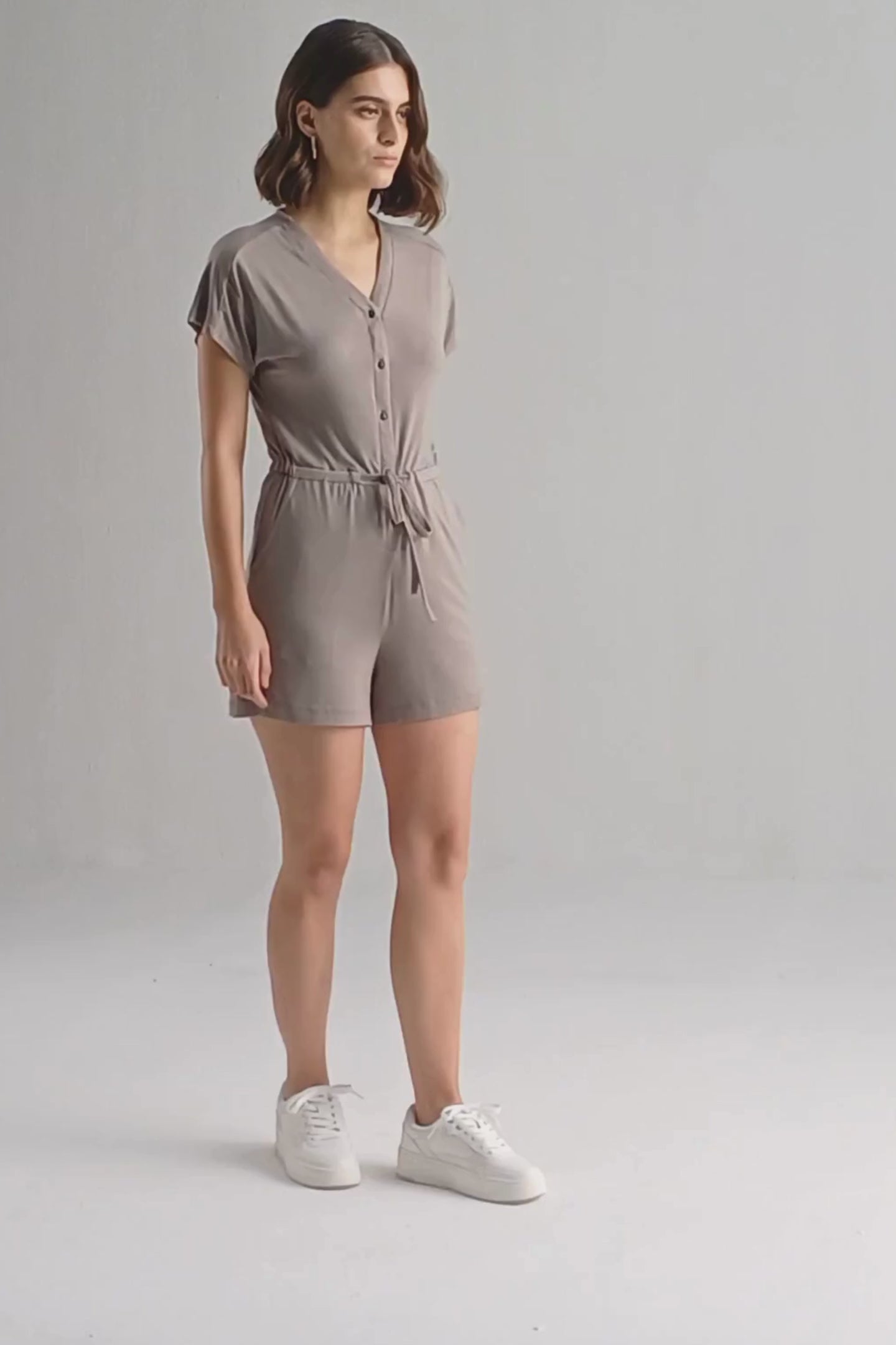 V neck Drawstring Knit Romper in Dusty brown-17 Moodshot Video