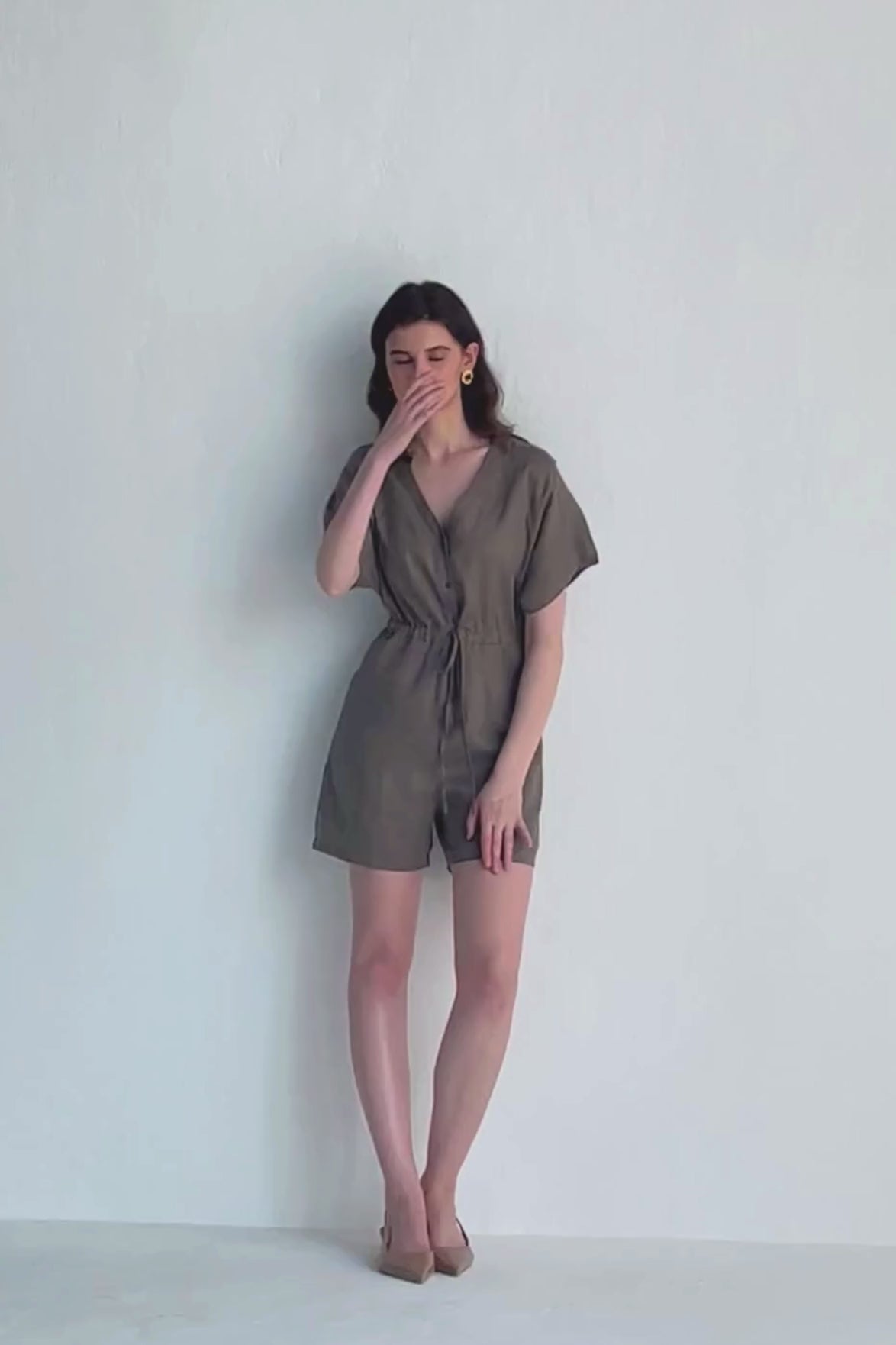 V neck Drawstring Romper in Dark Green Moodshot Video