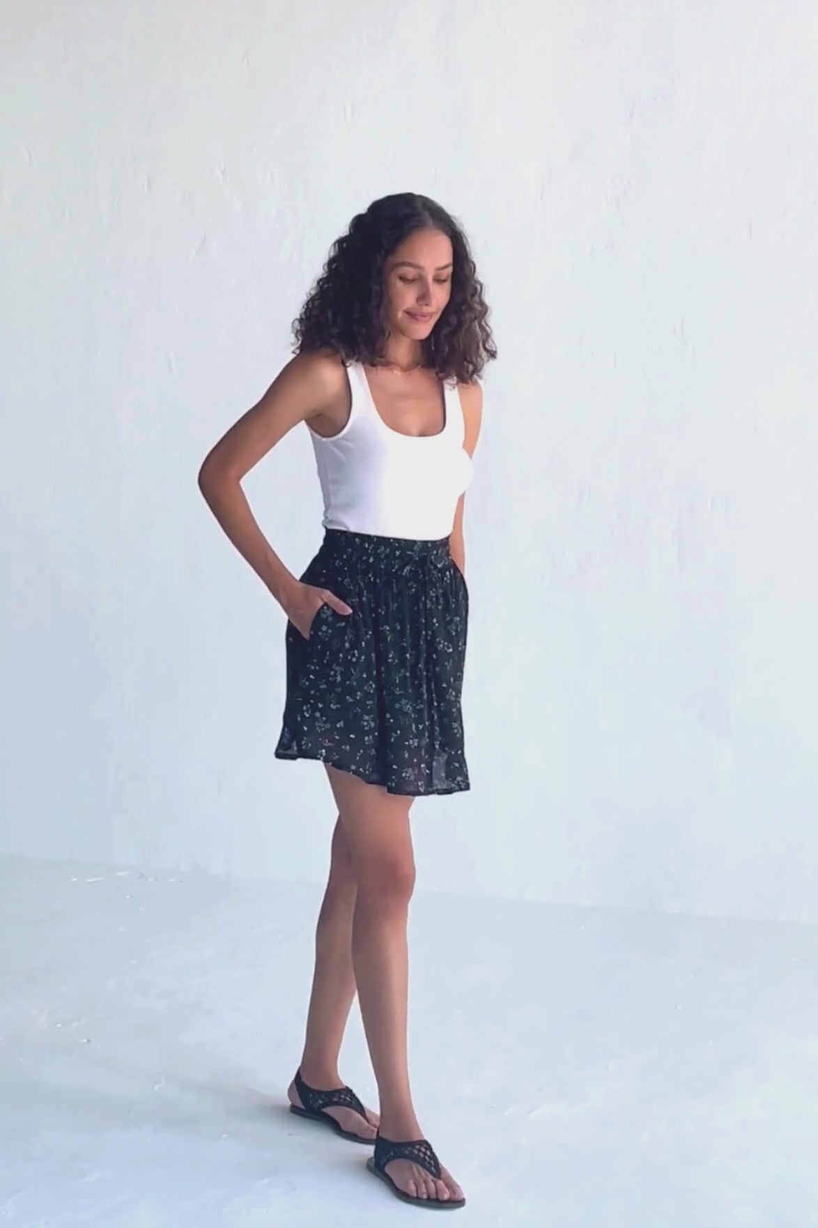 Drawstring Short Skirt in Dark Blue Florals Moodshot Video