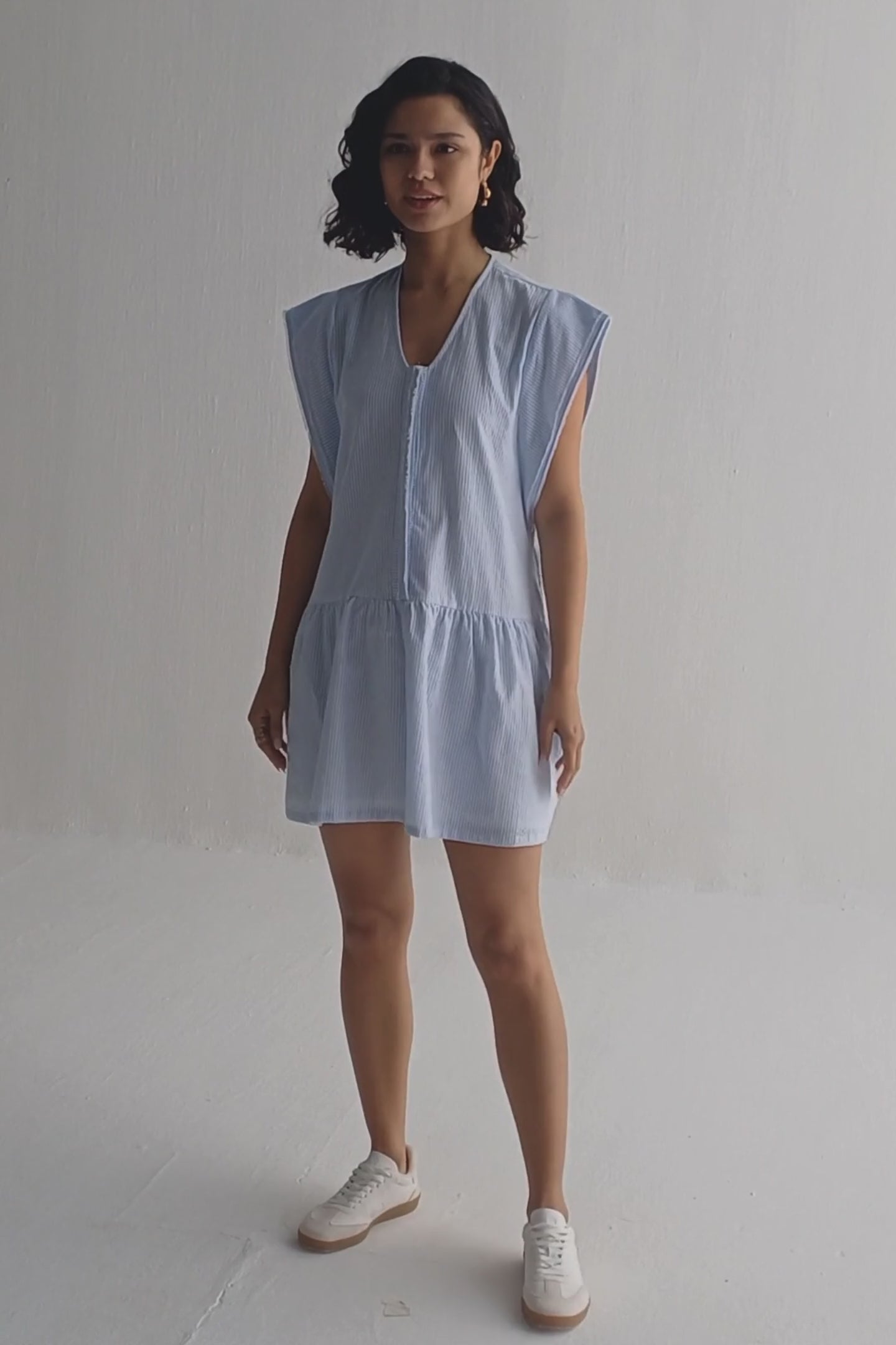 Oversized V neck Short Dress with Frayed Sleeves Moodshot Video
