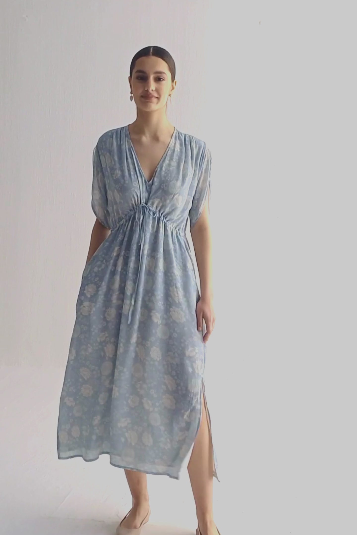 Maxi Gathered Dress in Blue Florals Moodshot Video
