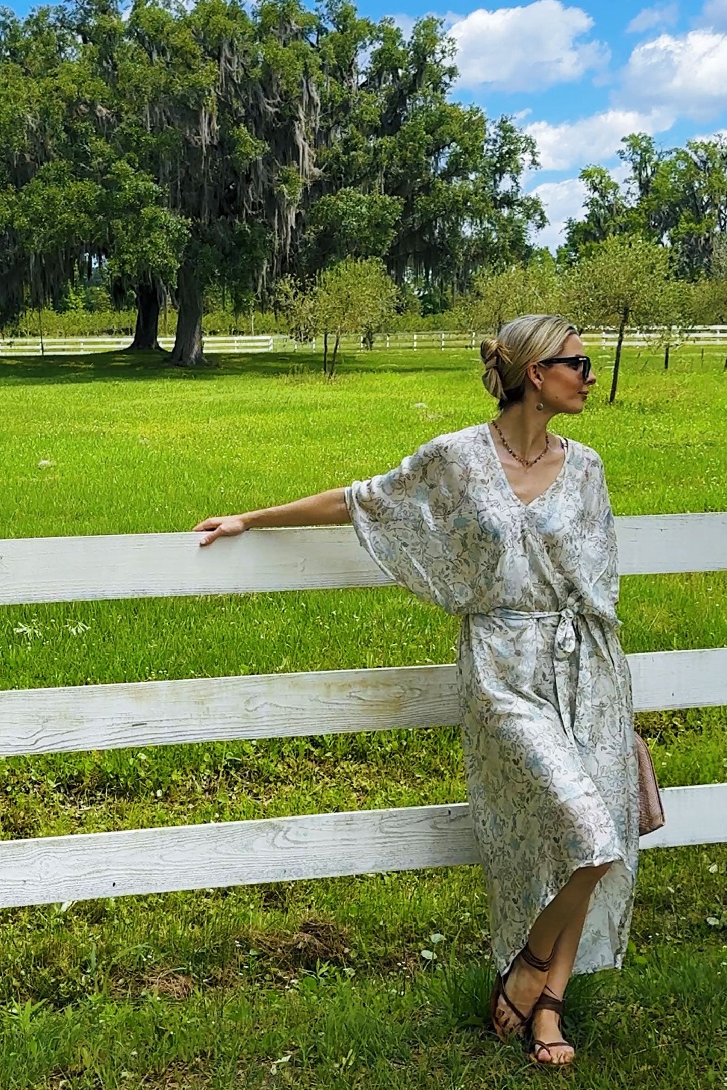 Silky Kaftan Dress in Blue Florals