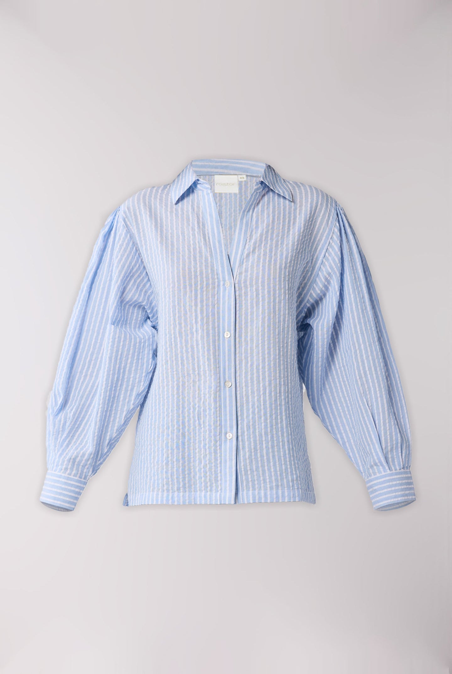 Blue and white striped shirt on a light gray background