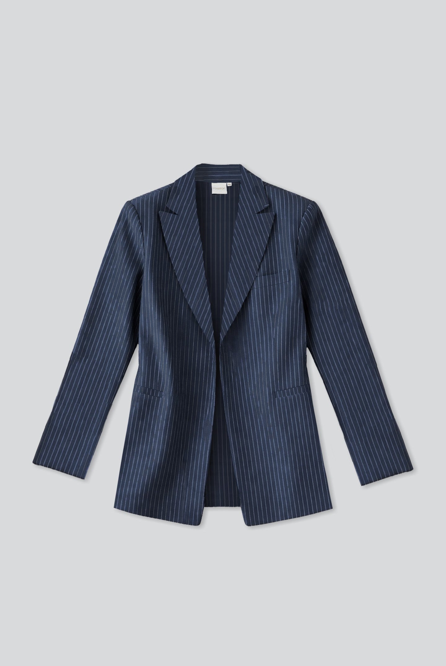 Blue pinstripe blazer on a light gray background