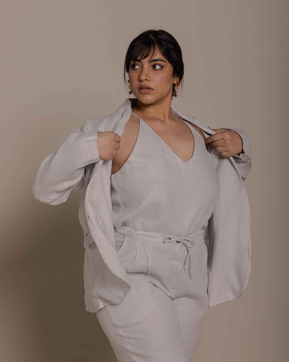 grey classic blazer with two front bottons