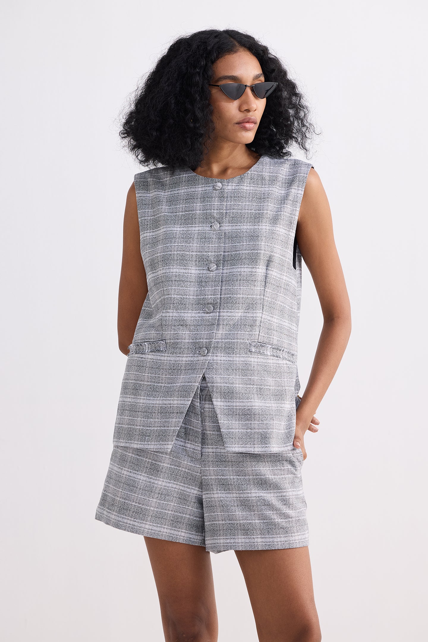 Cotton Tweed Vest Jacket Set in Grey Front