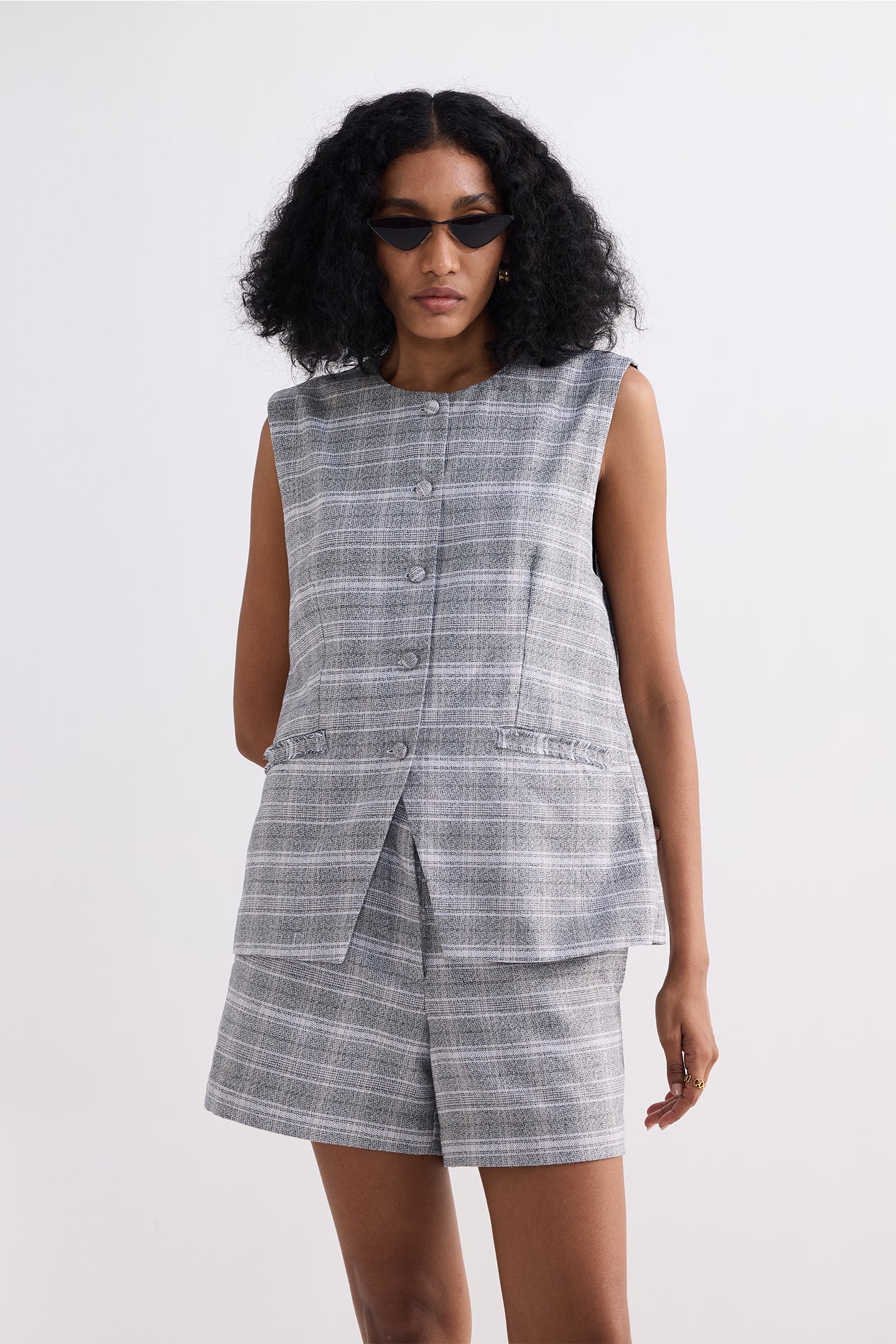 Cotton Tweed Vest Jacket Set in Grey Front