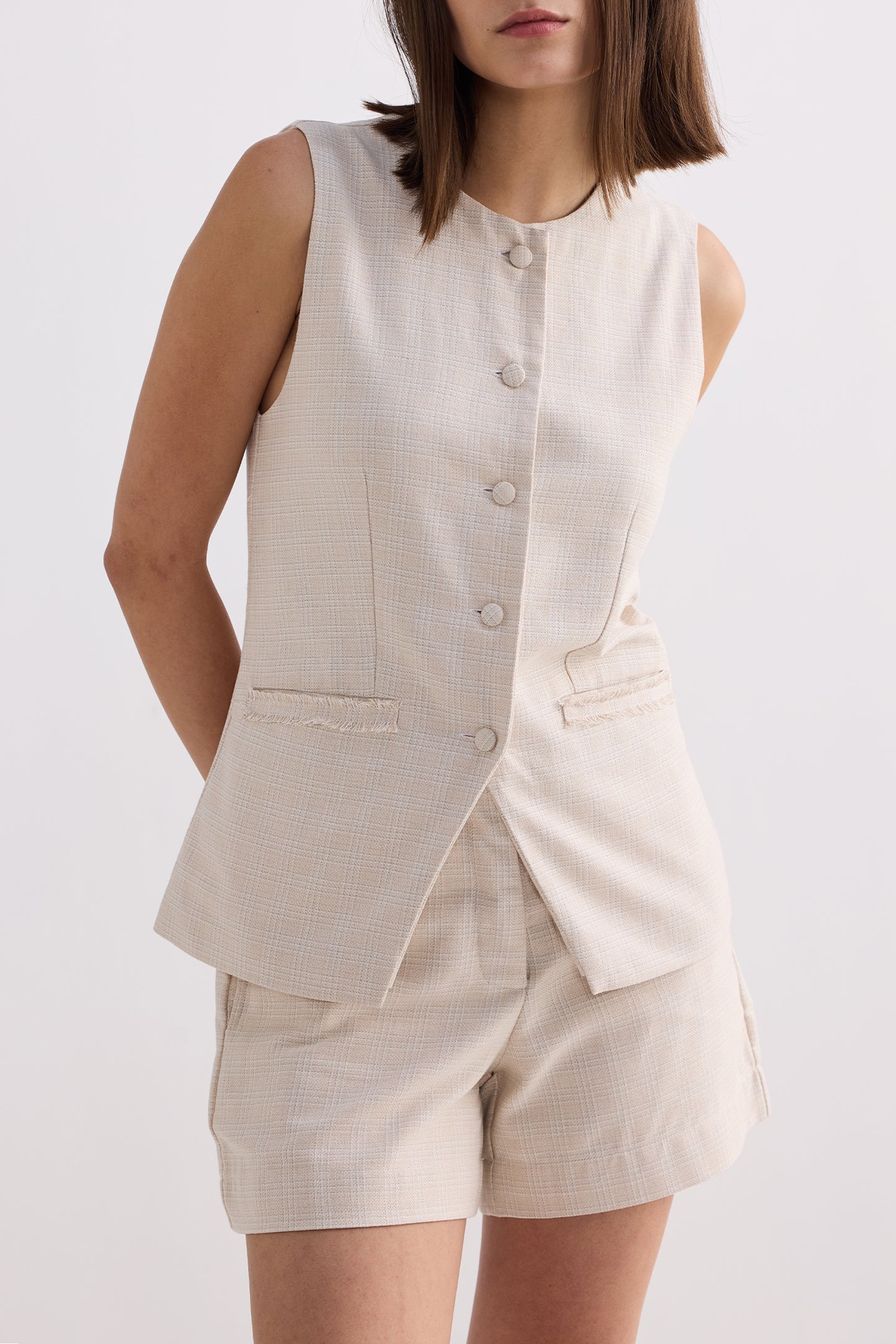 Cotton Tweed Vest Jacket Set in Cream - demo Closeup