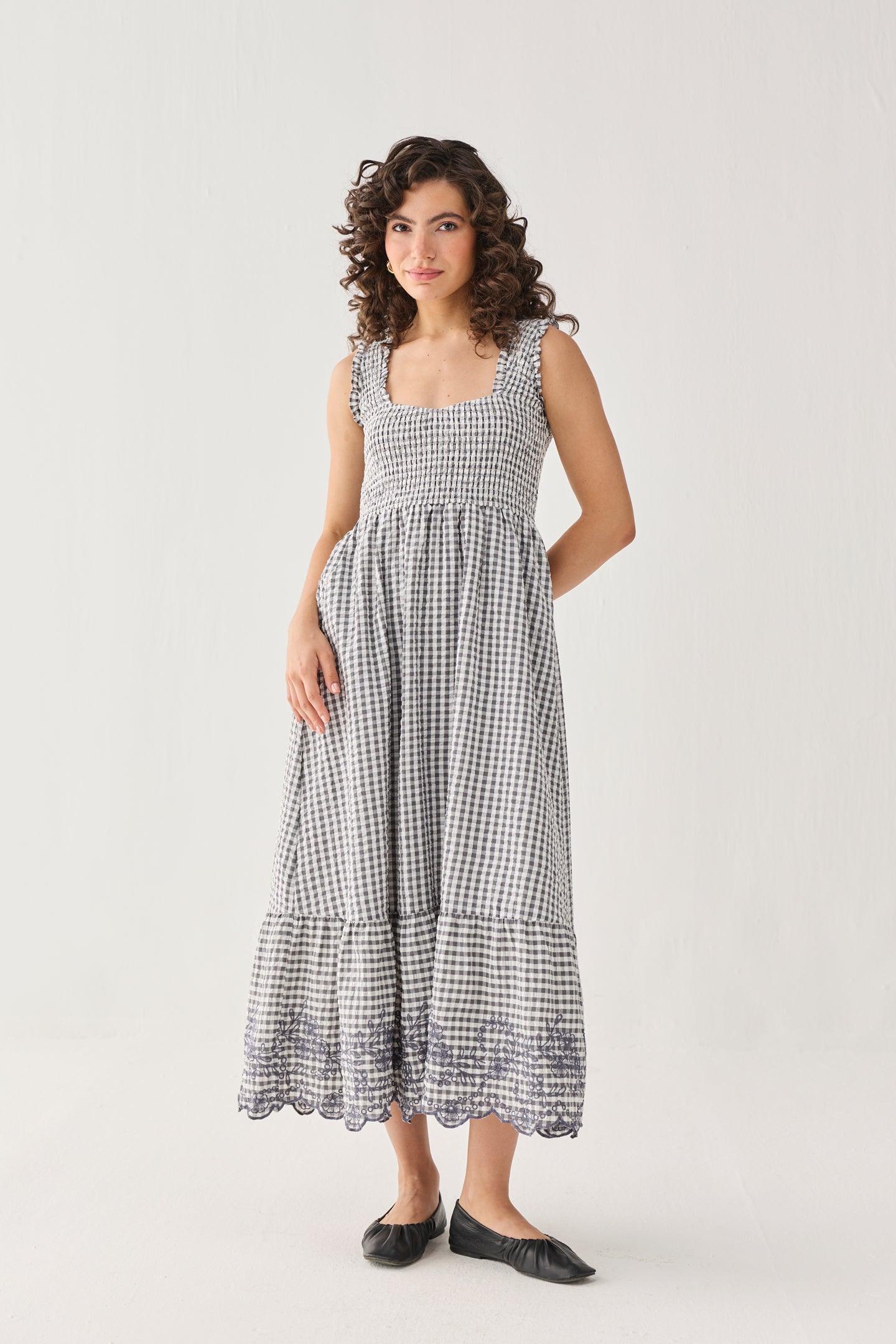 Smocked Maxi Dress in Cotton for Women — Reistor Charcoal Check / XS
