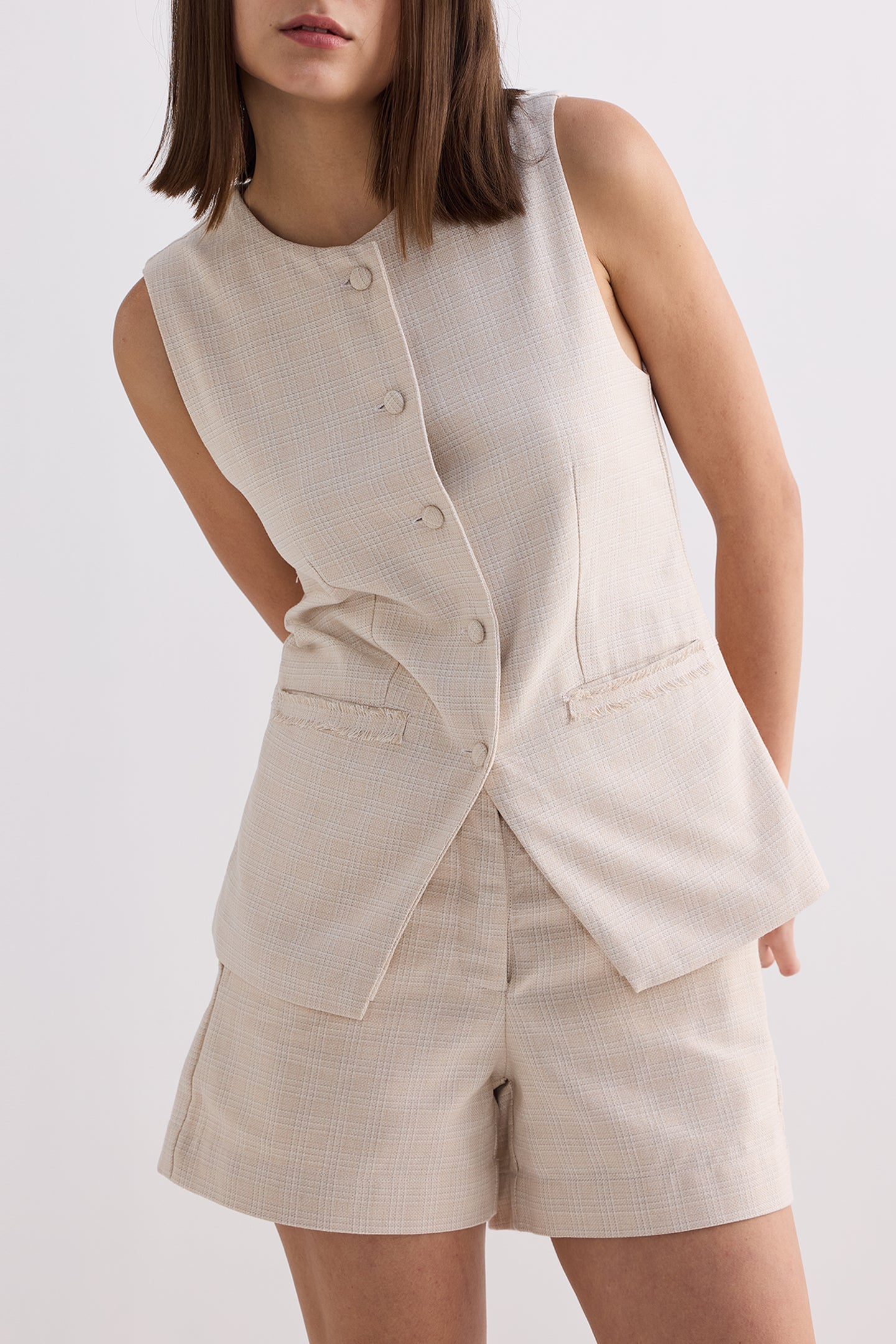 Cotton Tweed Vest Jacket Set in Cream Front