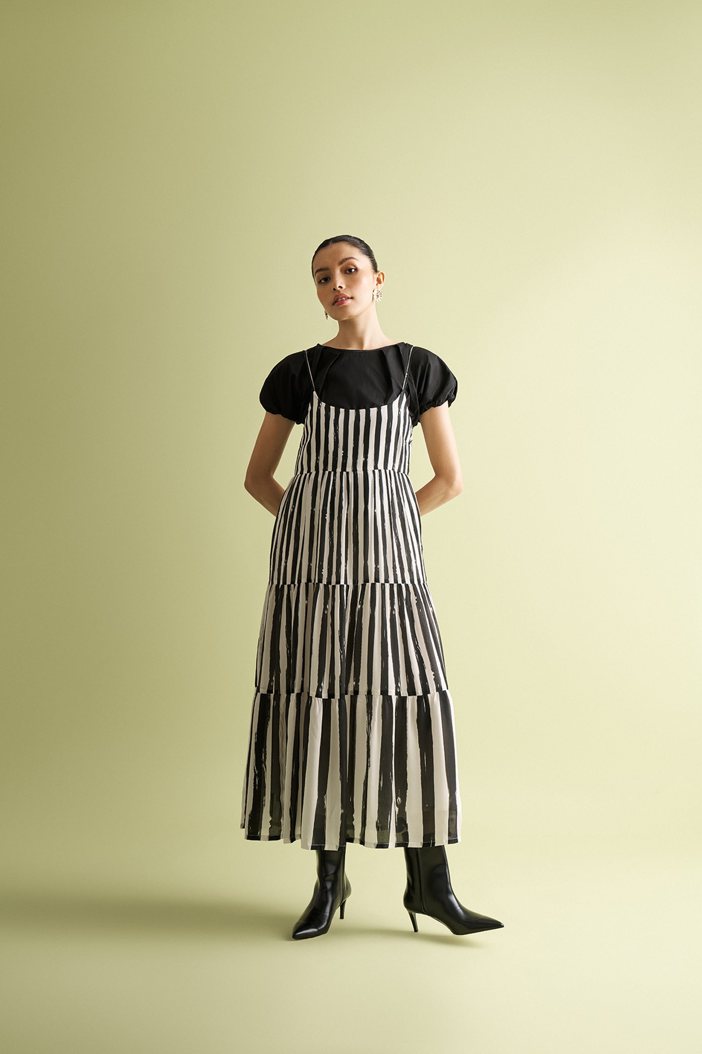 Strappy Tiered Maxi Dress in Black Stripes Striped Down / S Strappy Tiered Maxi Dress in Black Stripes Striped Down / S