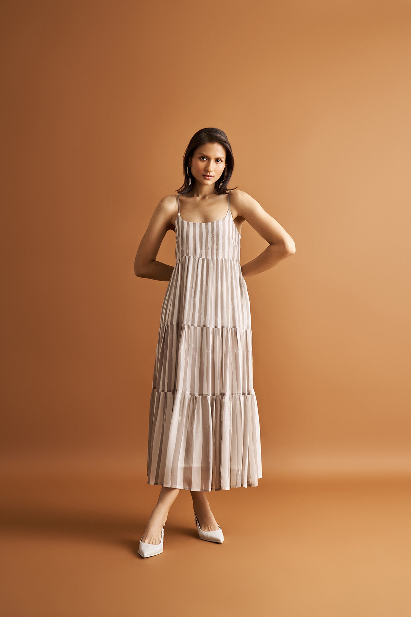Strappy Tiered Maxi Dress in Beige Stripes Reistor Strappy Tiered Maxi Dress in Beige Stripes Reistor