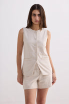 Cotton Tweed Vest Jacket Set in Cream - demo Front