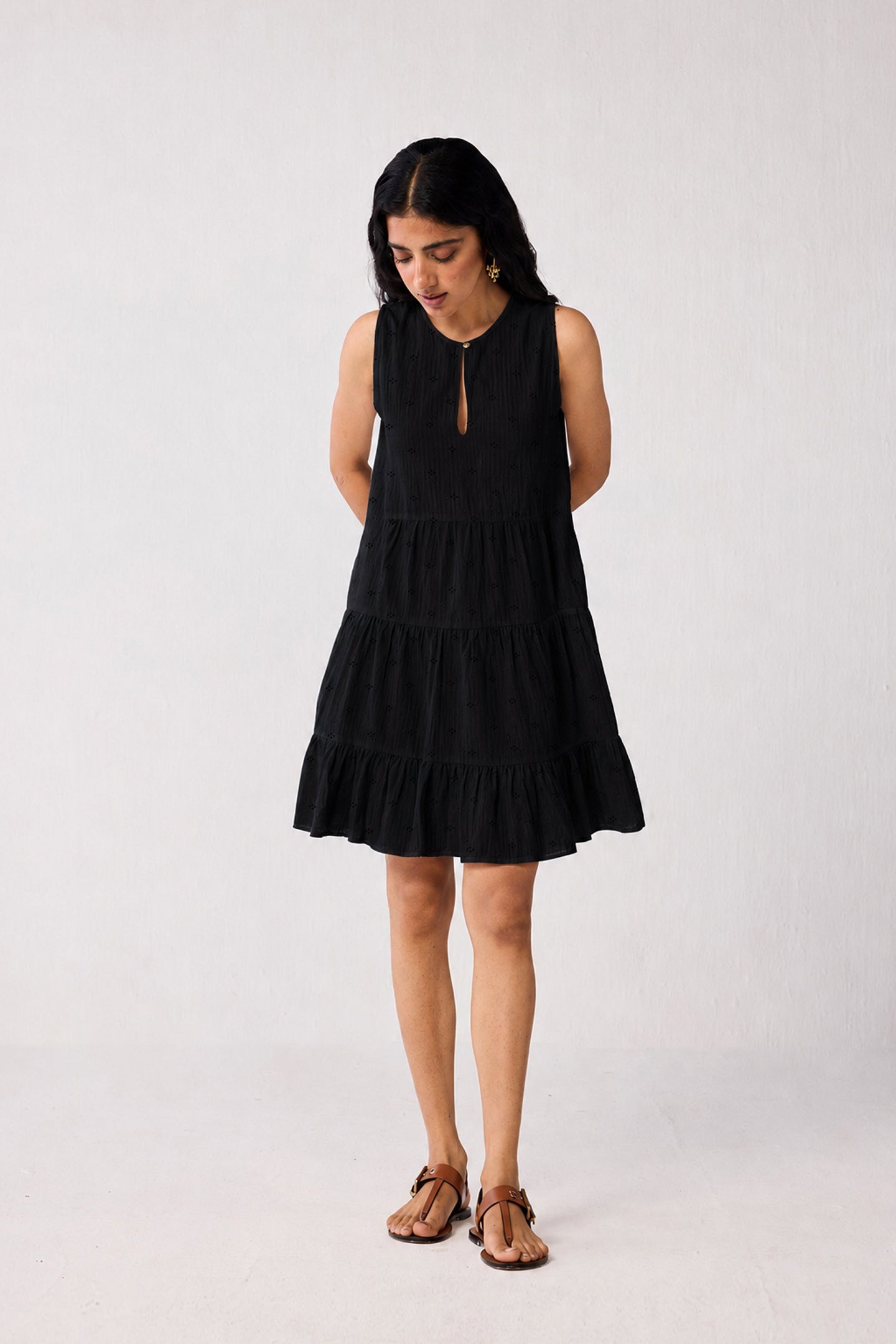 black tiered dress short Embroidered Everyday Sleeveless Short Tiered Dress in Black Textured Eyelet in Black / 3XL