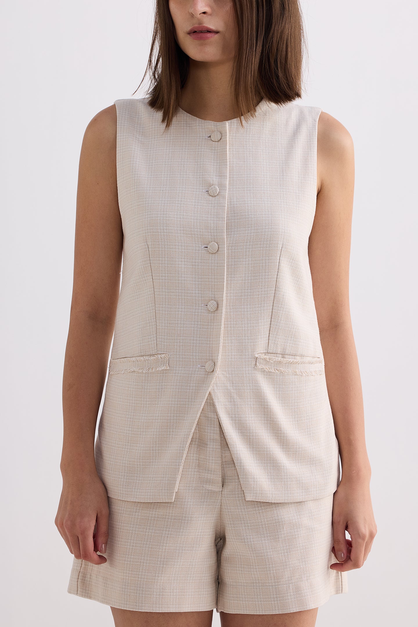Cotton Tweed Vest Jacket Set in Cream Front